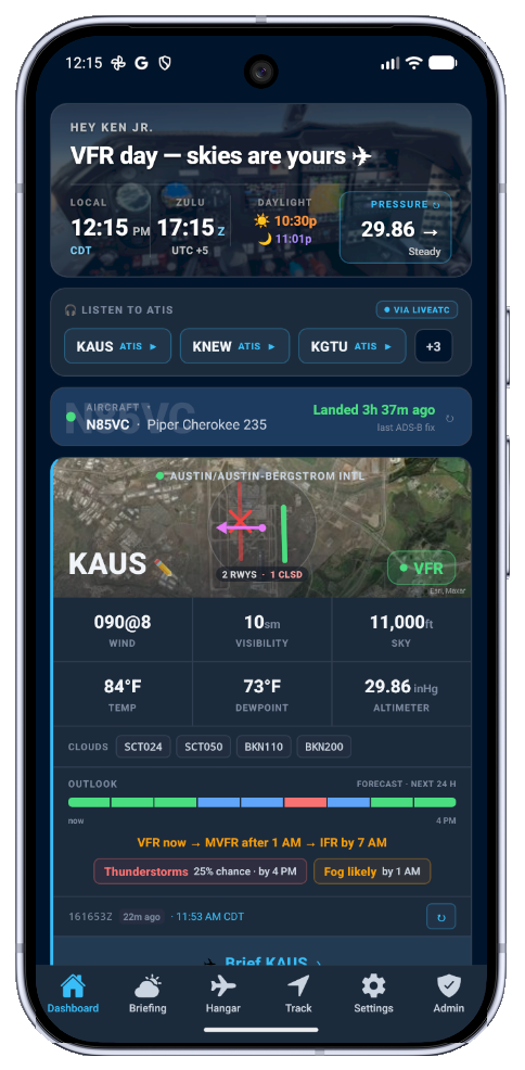 PilotBriefAI dashboard with watched airport, METAR, runway wind, and forecast