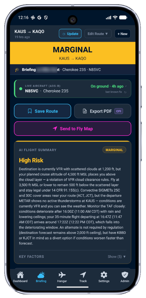 PilotBriefAI marginal briefing screen with AI flight summary