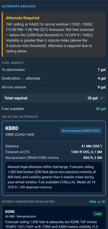 PilotBriefAI AI alternate analysis with selected alternate and fuel budget