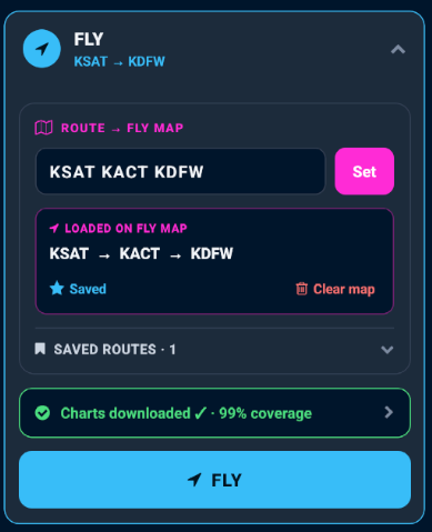 PilotBriefAI FLY menu showing route setup, saved route, and downloaded chart coverage