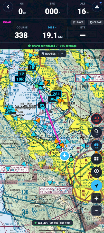 PilotBriefAI FLY screen with downloaded VFR sectional, route line, Direct-To, METARs, weather, and ADS-B traffic